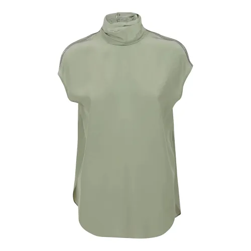 Brunello Cucinelli , Silk Striped High Neck Top ,Green female, Sizes: