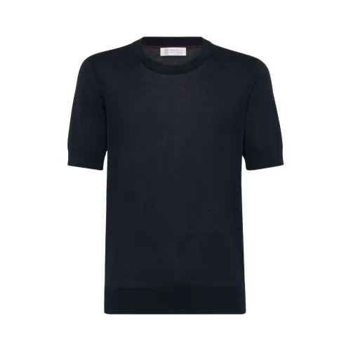 Brunello Cucinelli , slub-texture fine-knit T-shirt ,Blue male, Sizes: