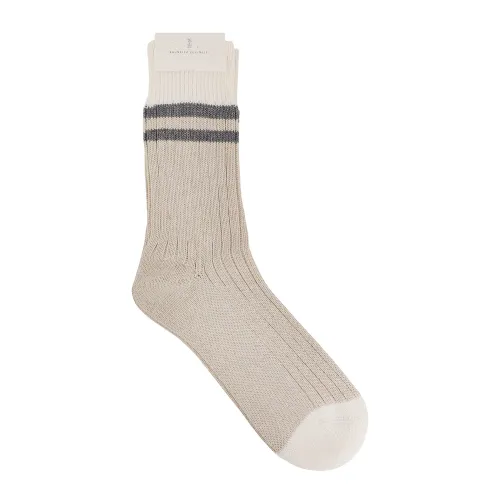 Brunello Cucinelli , Striped Ribbed Cotton Socks Beige ,Beige male, Sizes: