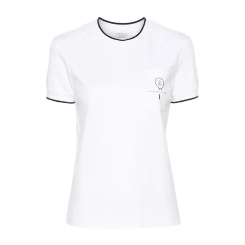Brunello Cucinelli , White Cotton T-shirt with Contrast Trim and Chest Pocket ,White female, Sizes: