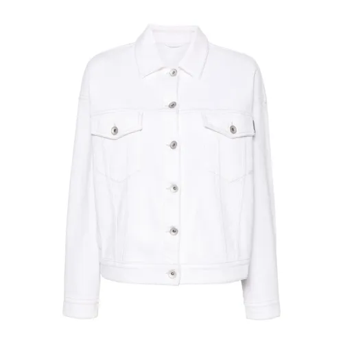 Brunello Cucinelli , White Denim Coat with Pointed Collar and Button Closure ,White female, Sizes: