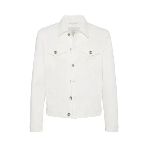 Brunello Cucinelli , White Denim Jacket with Pointed Collar ,White male, Sizes: