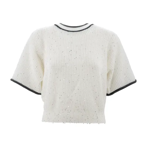 Brunello Cucinelli , White Linen Blend Sweater with Contrasting Border ,White female, Sizes: