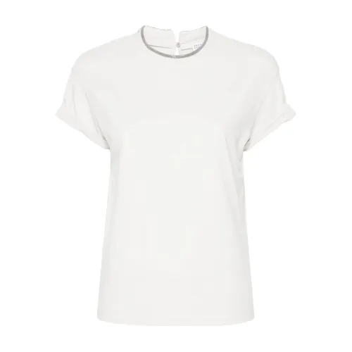 Brunello Cucinelli , White Rhinestone Crew Neck T-Shirt ,White female, Sizes: