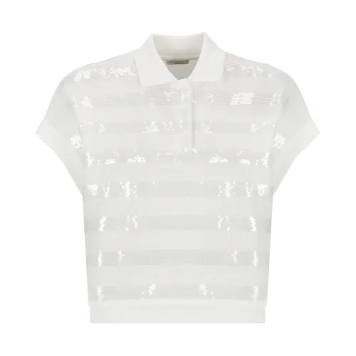 Brunello Cucinelli , White Sequin Striped Polo Shirt ,White female, Sizes: