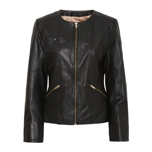 Btfcph , Black Leather Biker Jacket with Gold Accents ,Black female, Sizes: