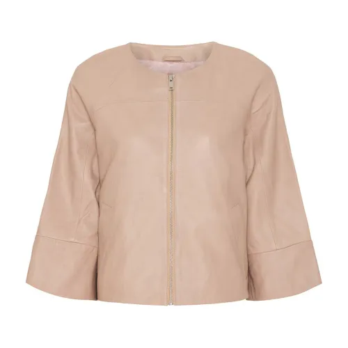 Btfcph , Cream Crop Leather Jacket ,Beige female, Sizes: