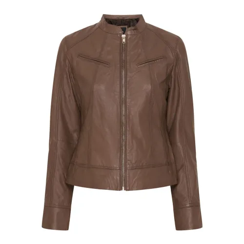 Btfcph , Deep Taupe Biker Jacket with Shiny Silver Accents ,Brown female, Sizes: