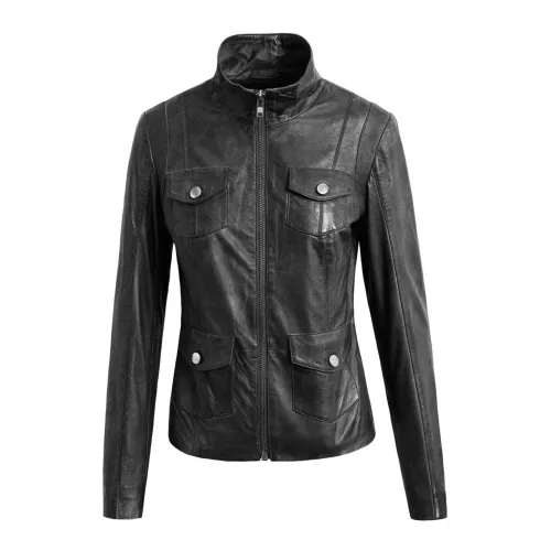 Btfcph , Leather Biker Jacket with High Collar and 4 Pockets ,Black female, Sizes: