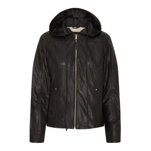 Btfcph , Soft Biker Jacket with Hood in Black Leather ,Black female, Sizes: