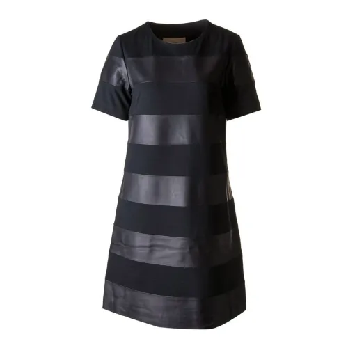 Btfcph , Striped Leather A-Shape Dress ,Black female, Sizes: