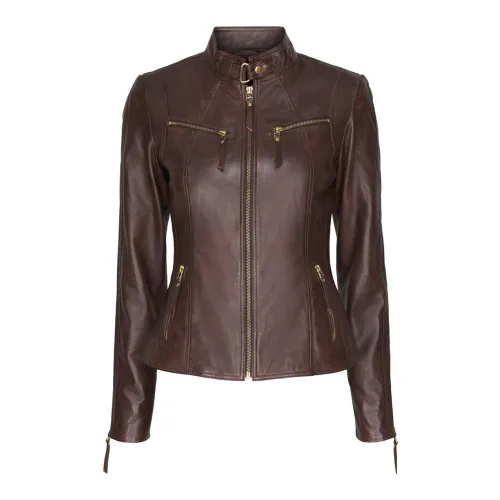 Btfcph , Stylish Leather Biker Jacket 10245 Antique Brown with Gold ACC ,Brown female, Sizes: