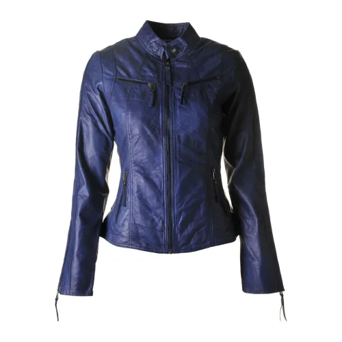 Btfcph , Twilight Blue Leather Biker Jacket ,Blue female, Sizes: