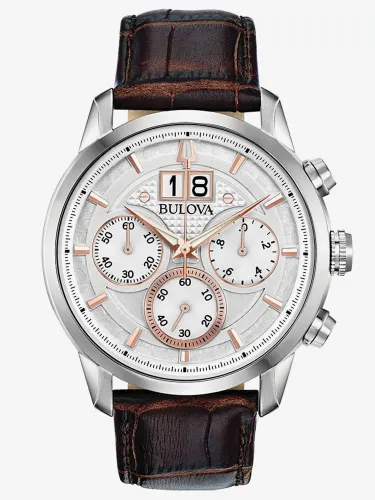 Bulova Mens Sutton Stainless Steel Silver Chronograph Dial Brown Leather Strap Watch 96B309