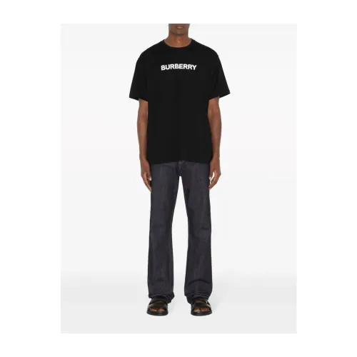 Burberry , Black Crewneck T-shirts and Polos with Burberry Lettering ,Black male, Sizes: