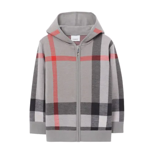 Burberry , Check-Print Wool Hoodie ,Gray male, Sizes: