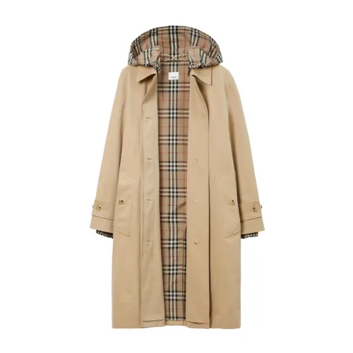 Burberry , Checkered Gabardine Hooded Raincoat ,Beige female, Sizes:
