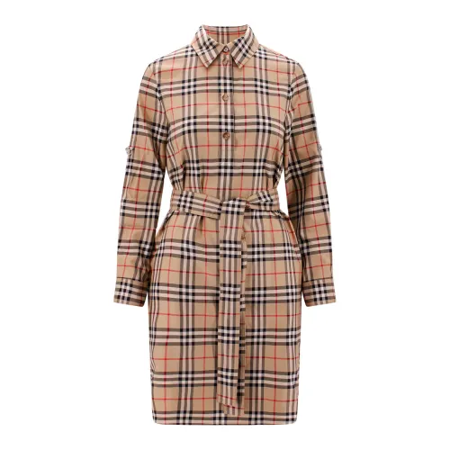 Burberry , Cotton Chemisier Dress with Vintage Check Motif ,Beige female, Sizes: