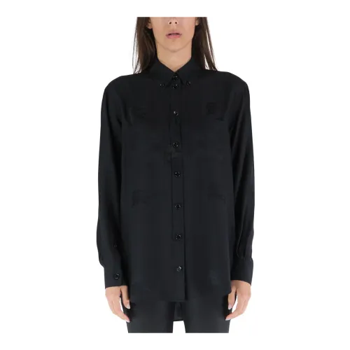 Burberry , Oversized Silk Shirt with Equestrian Jacquard ,Black female, Sizes: