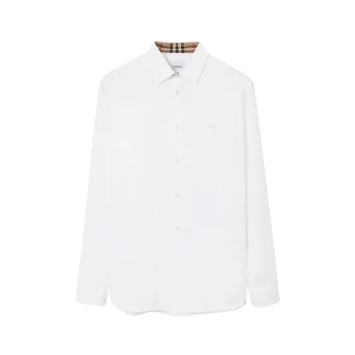 Burberry , White Cotton Shirt with Beige Check Embroidered Equestrian Knight ,White male, Sizes: