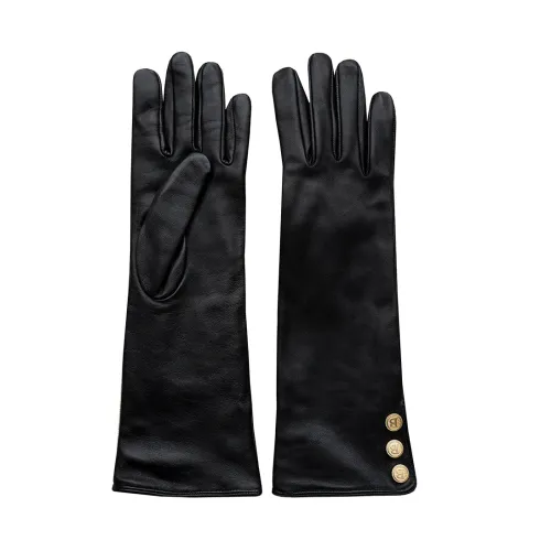 Busnel , Long Leather Gloves - Golden B-Button Detail ,Black female, Sizes: