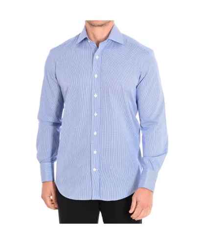Cafe Coton MICROVICHY4-G Mens long-sleeved shirt with lapel collar - Blue Cotton