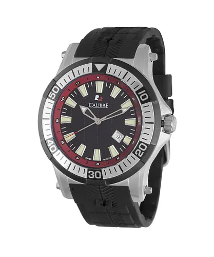 Calibre Mens Hawk Date Swiss Made Movement Watch Black Rubber Strap Black/Red Dial - One Size