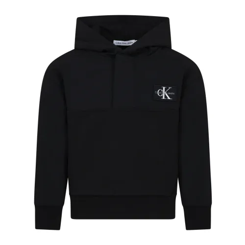 Calvin Klein , Black Cotton Hoodie with Logo Patch ,Black unisex, Sizes: