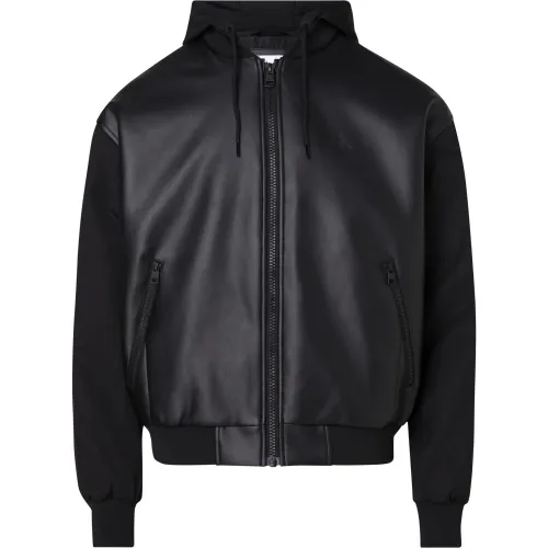 Calvin Klein , Black Faux Leather Bomber Jacket for Men ,Black male, Sizes: