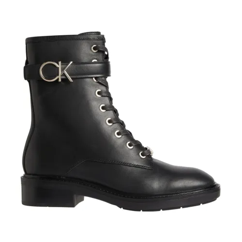 Calvin Klein , Black Leather Combat Boots with Rubber Sole ,Black female, Sizes: