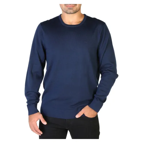 Calvin Klein , Blue Mens Sweater, 100% Wool, Round Neck, Long Sleeves, Machine Washable ,Blue male, Sizes: