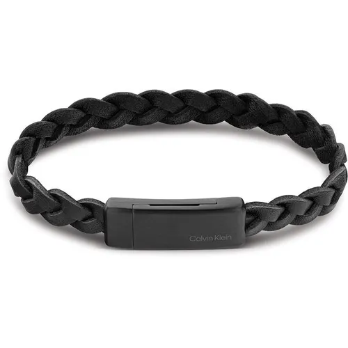 Calvin Klein Gents Calvin Klein black leather and black IP magnetic closure bracelet. - Black
