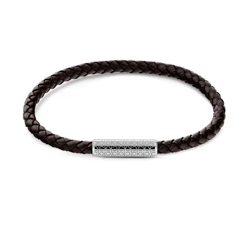 Calvin Klein Gents Calvin Klein black leather and stainless steel single wrap bracelet. - Brown