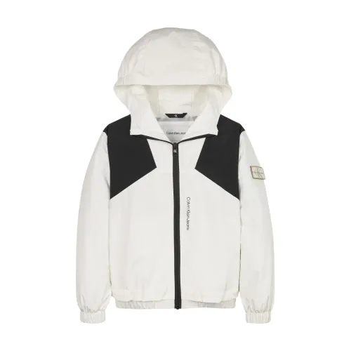 Calvin Klein Jeans , Bicolor Nylon Hooded Jacket ,White male, Sizes: