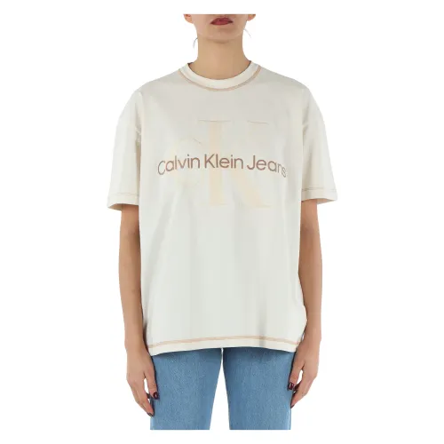Calvin Klein Jeans , Cotton Oversize Logo Embroidered T-shirt ,Beige female, Sizes: