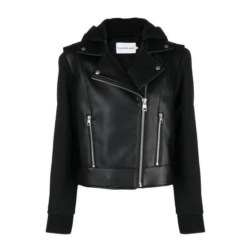 Calvin Klein Jeans , Faux leather jersey mix biker ,Black female, Sizes:
