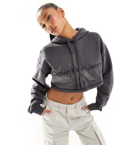 Calvin Klein Jeans hero monogram logo cropped hoodie in washed black