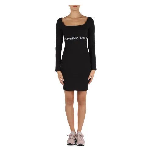 Calvin Klein Jeans , Logo Print Viscose Dress ,Black female, Sizes: