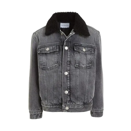 Calvin Klein Jeans , Long Denim Jacket with Plush Collar and Snap Buttons ,Gray male, Sizes: