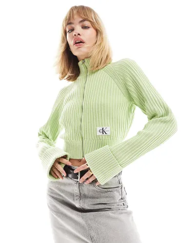 Calvin Klein Jeans monogram logo sweater cardigan in mint-Green