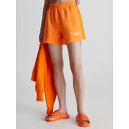 Calvin Klein Jeans Women's Rib Insert Interlock Shorts In Vibrant Orange