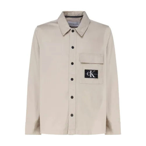 Calvin Klein , Logo Print Beige Shirt Taupe ,Beige male, Sizes: