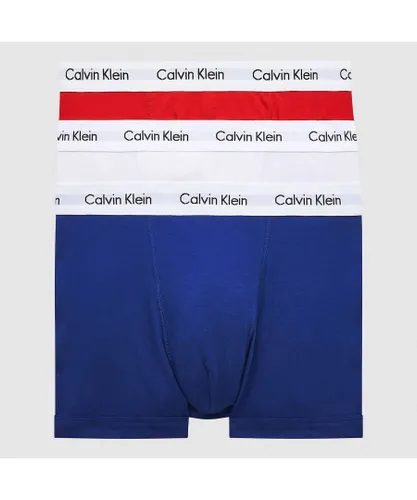 Calvin Klein Mens 3 Pack Trunks - Mid Rise - Cotton Stretch, White/Red/Blue - Multicolour