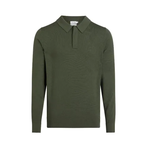 Calvin Klein , Merino Wool Long Sleeve Polo ,Green male, Sizes: