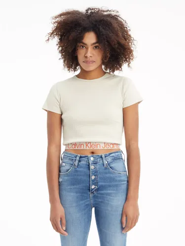 Calvin Klein Organic Cotton Blend Logo Tape Cropped T-Shirt - Eggshell - Female