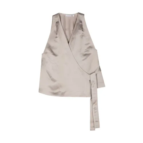 Calvin Klein , Satin Wrap Sleeveless Top in Beige ,Gray female, Sizes: