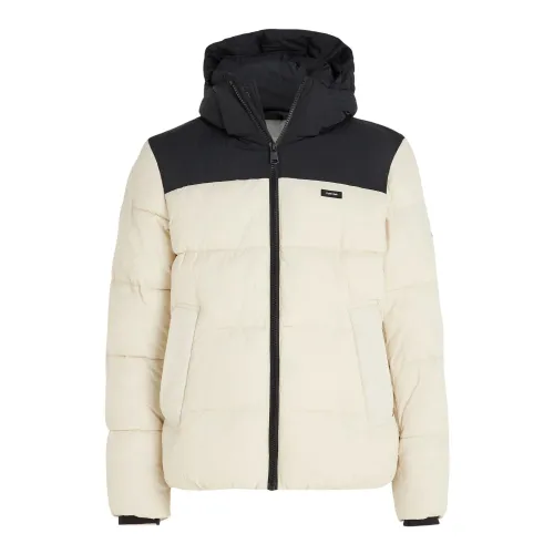 Calvin Klein , Short Crinkle Color Block Mens Puffer Jacket ,Beige male, Sizes: