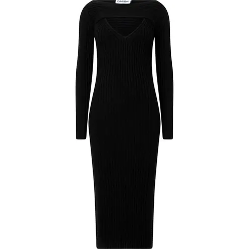 Calvin Klein Soft Wool Rib Layered Knit Dress - Black
