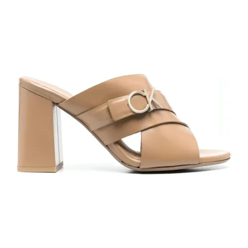 Calvin Klein , Sophisticated Leather Heeled Mules ,Beige female, Sizes:
