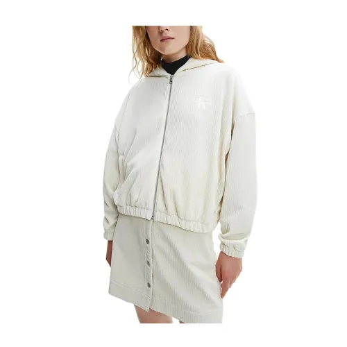 Calvin Klein , Stretch Ribbed Cotton Zip-Through Hoodie ,Beige female, Sizes: